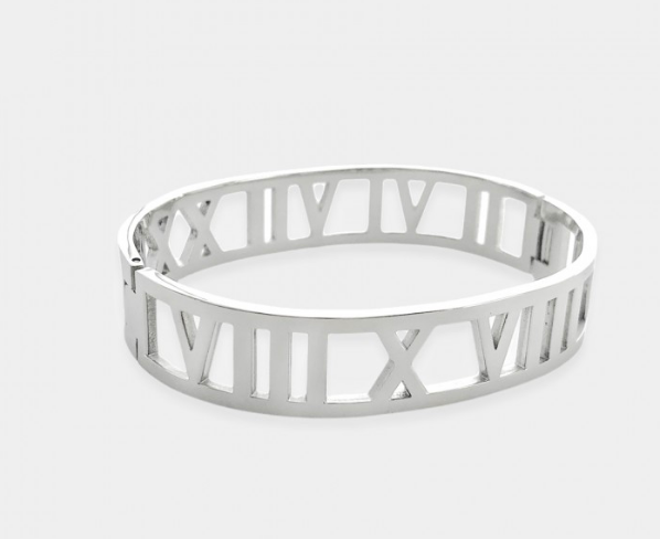 Roman numeral stainless steel bangle. Stainless steel jewelry for women. Roman numeral bracelet. Luxury jewelry for women.