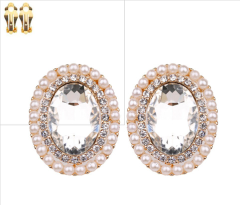 Pearl Cubic Zirconia and Crystal Clip On Earrings