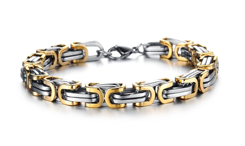 Mens Silver/Gold/Black Chunky Titanium Steel Byzantine Link Chain Brac