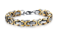 Mens Silver/Gold/Black Chunky Titanium Steel Byzantine Link Chain Bracelet